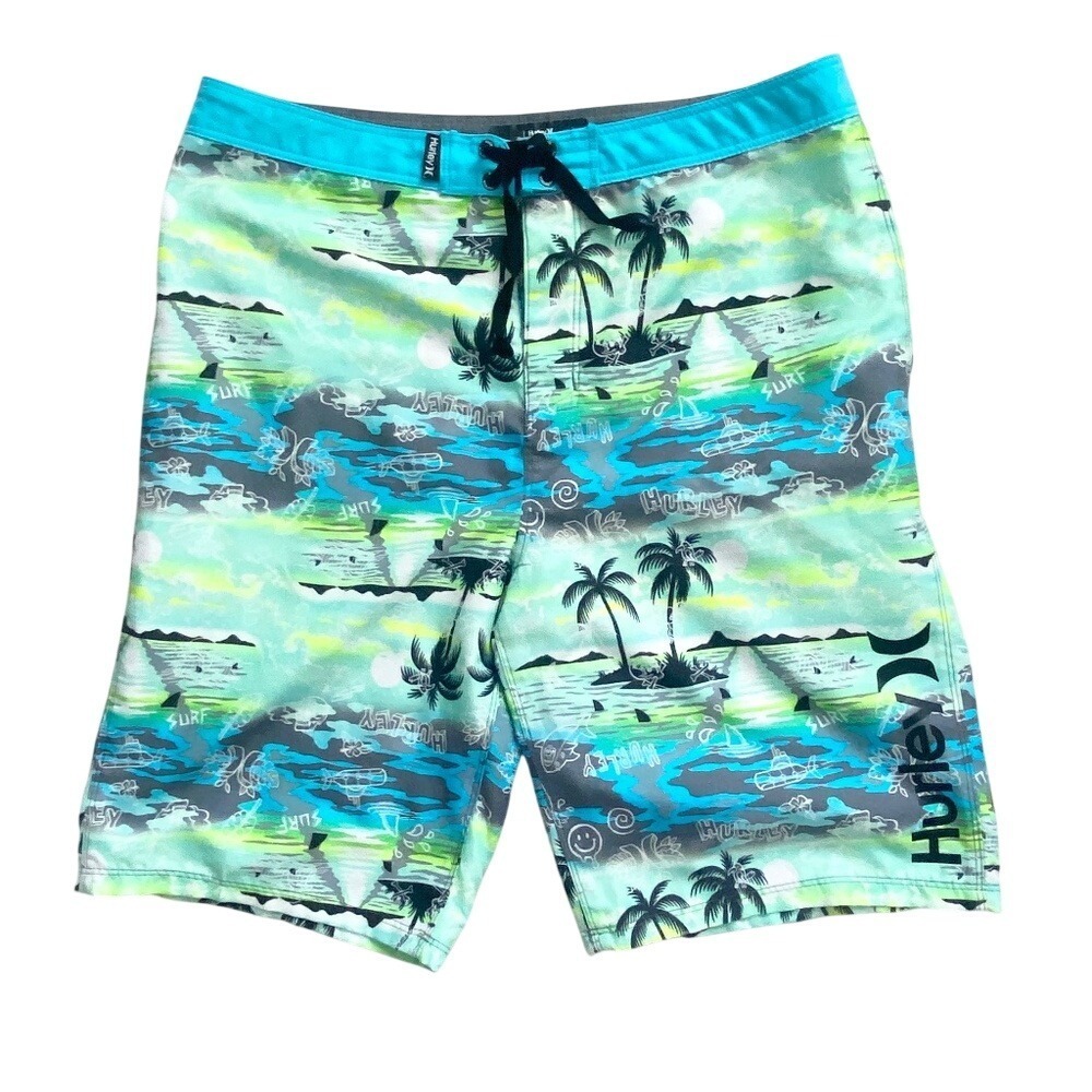 Hurley Tropical Palm Shark‎ Print Board Shorts Boys 20/30 Blue Green